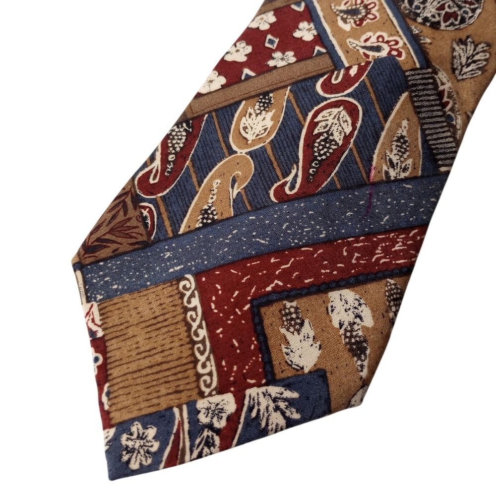 Robert Stock Mens Silk Tie Patchwork Paisley Floral Burgundy Blue Mustered
